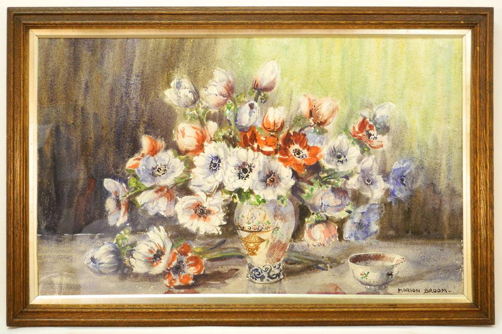 Watercolour signed Marion Broom, 16" X 26 1/2" "Chinese Porcelain Flowers. (1 of 3)
