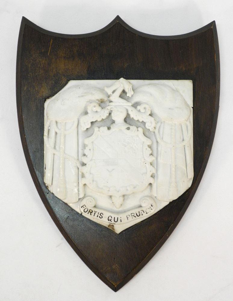 Marble Heraldic Plaque Mounted on Shield, restored, 15" x 11 1/4" x 1 7/8".: Marble Heraldic Plaque Mounted on Shield, restored, 15" x 11 1/4" x 1 7/8".