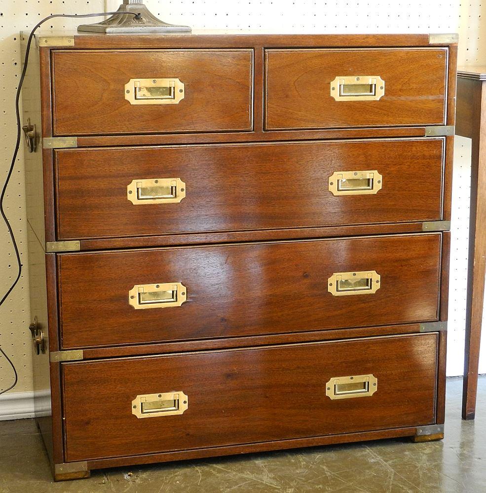 Reproduction Mahogany Campaign Style Chest, 33 1/4" x 32" x 14 1/2" (chipped edges noted). (1 of 2)