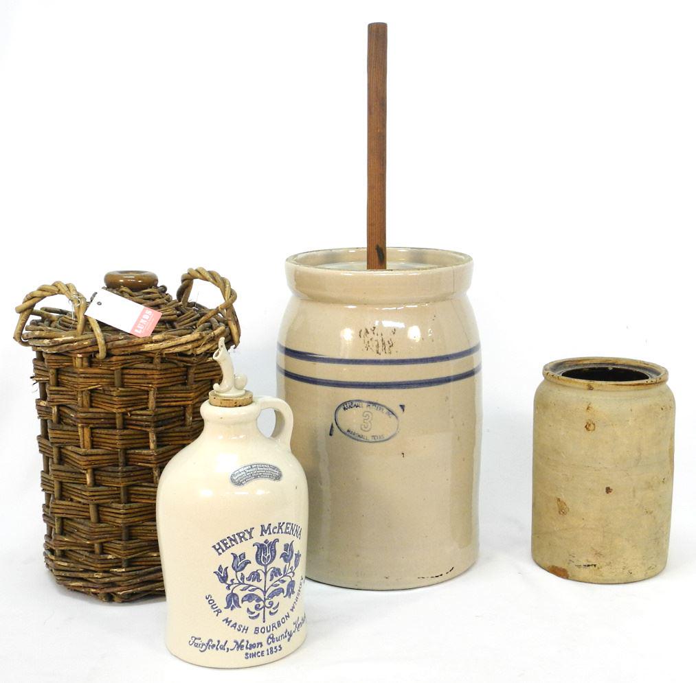 4 Stoneware Items: Marshall Churn (cracked) / Wicker Wrapped / McKenna / Jar. (1 of 3)