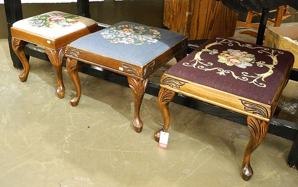 3 Needle Pointed Walnut Foot Stools , 13 3/4 - 23 1/4"W. (1 of 2)