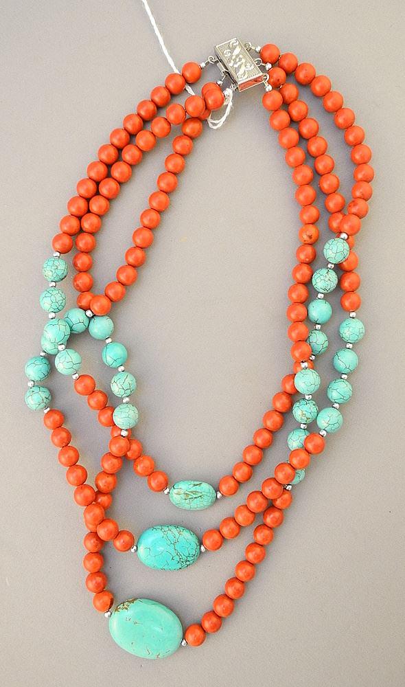 Vintage Turquoise and Red Stone Triple Strand Necklace. (1 of 1)