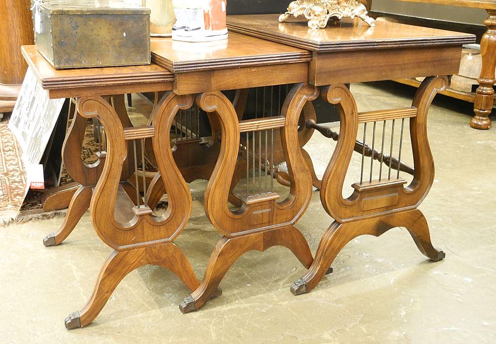 Trio of Book Matched Walnut Lyre Based Nesting Tables, 22 1/4" x 24" x 16". (1 of 2)