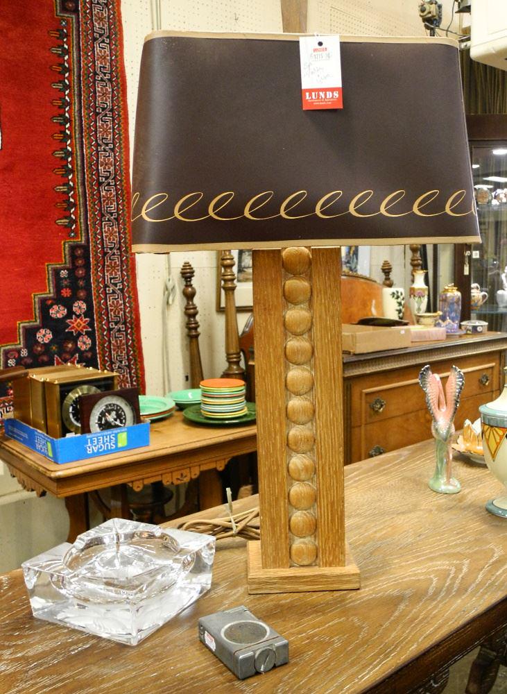 1940'S Oak Table Lamp (25 1/2") with Vintage Ashtray & Lighter. (1 of 2)