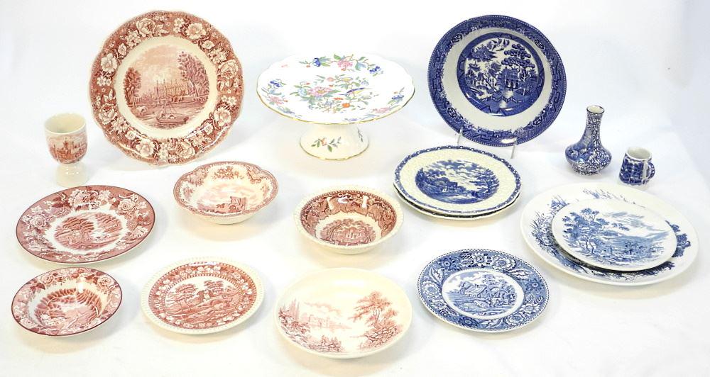 15 Pieces of Red & Blue Transfer Ware & 1 Compote, Largest 10"D. (1 of 1)