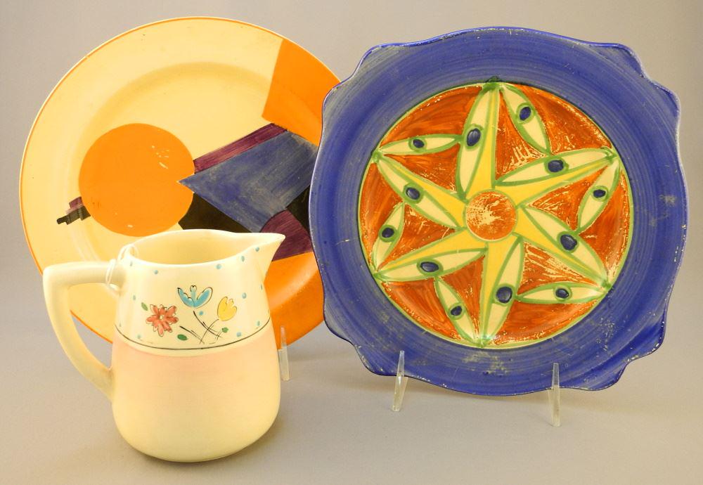 2 Pieces of Clarice Cliff and a Gray Pottery Plate. (1 of 5)