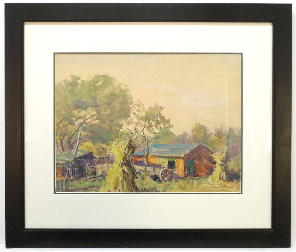 Casein on Paper Signed Laura J. Thompson 1943, 13 1/4" x 25 3/4", "Apple Orchard". (1 of 4)