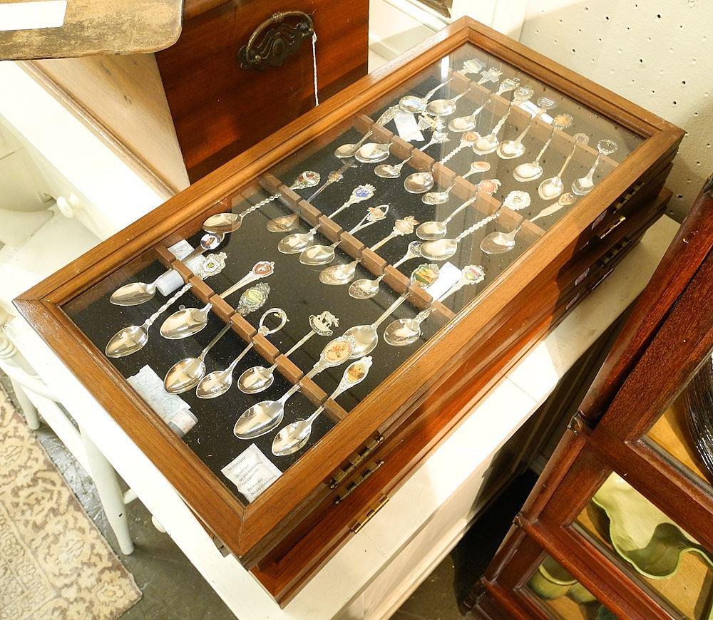 Collection of Silver Plated Souvenir Spoon in 4 Spoon Cabinets, each 20 3/4 x 10 3/8 x 1 1/2". (1 of 1)