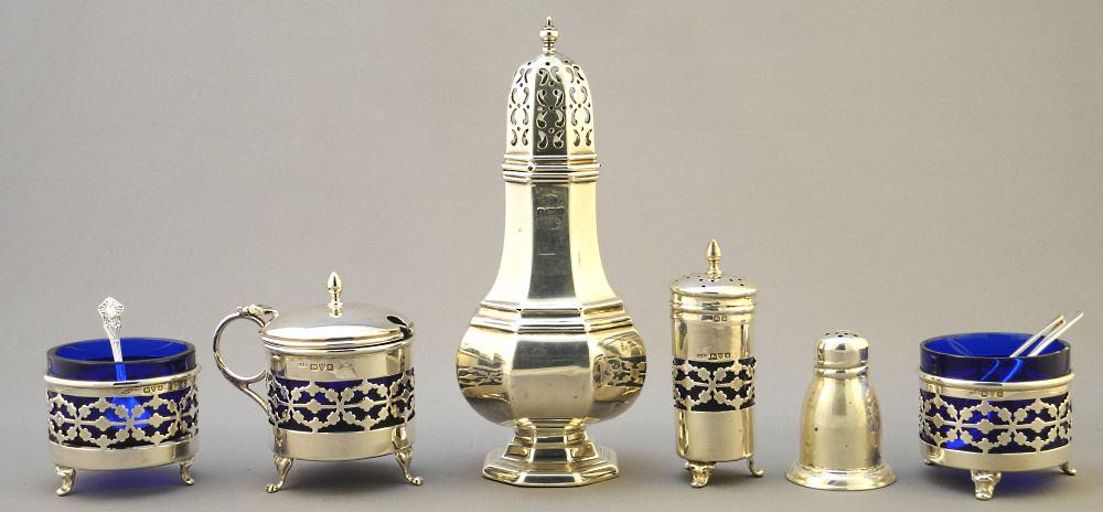 Collection of Hallmarked Silver & Birks Condiments Caster (condition noted), 6 3/8"H.: Collection of Hallmarked Silver & Birks Condiments Caster (condition noted), 6 3/8"H.