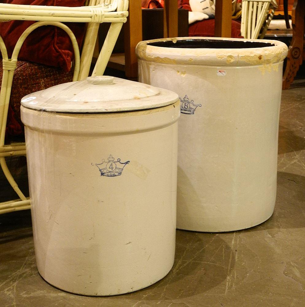 Three Crocks; 8 Gal. & Two 4 Gal., all having cracks, 11 1/2" - 17 1/2" (1 of 2)