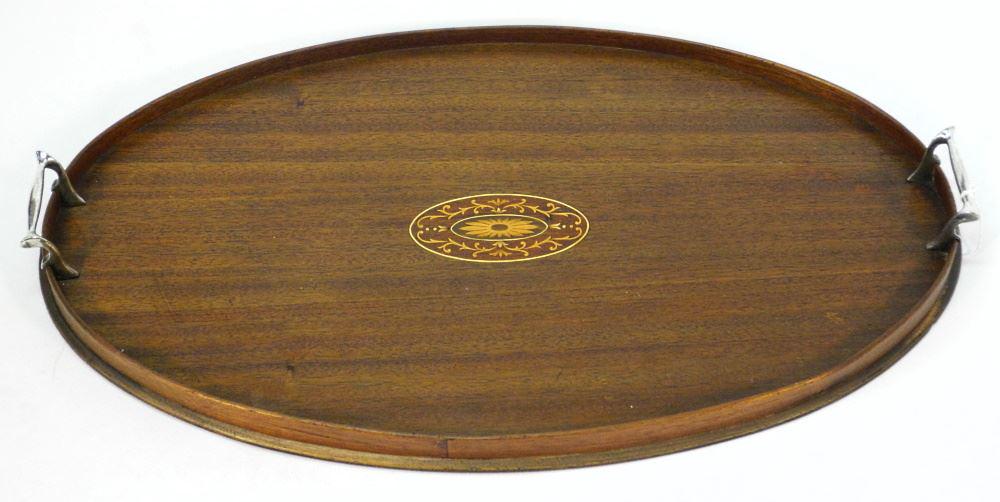 Edwardian Inlaid Oval Mahogany Tray, 25 1/4".: Edwardian Inlaid Oval Mahogany Tray, 25 1/4".