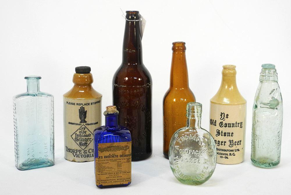 8 Glass & Stoneware Bottles; 2 Silver Spring/ Thorpe & Co./ Campbell's Victoria. (1 of 2)