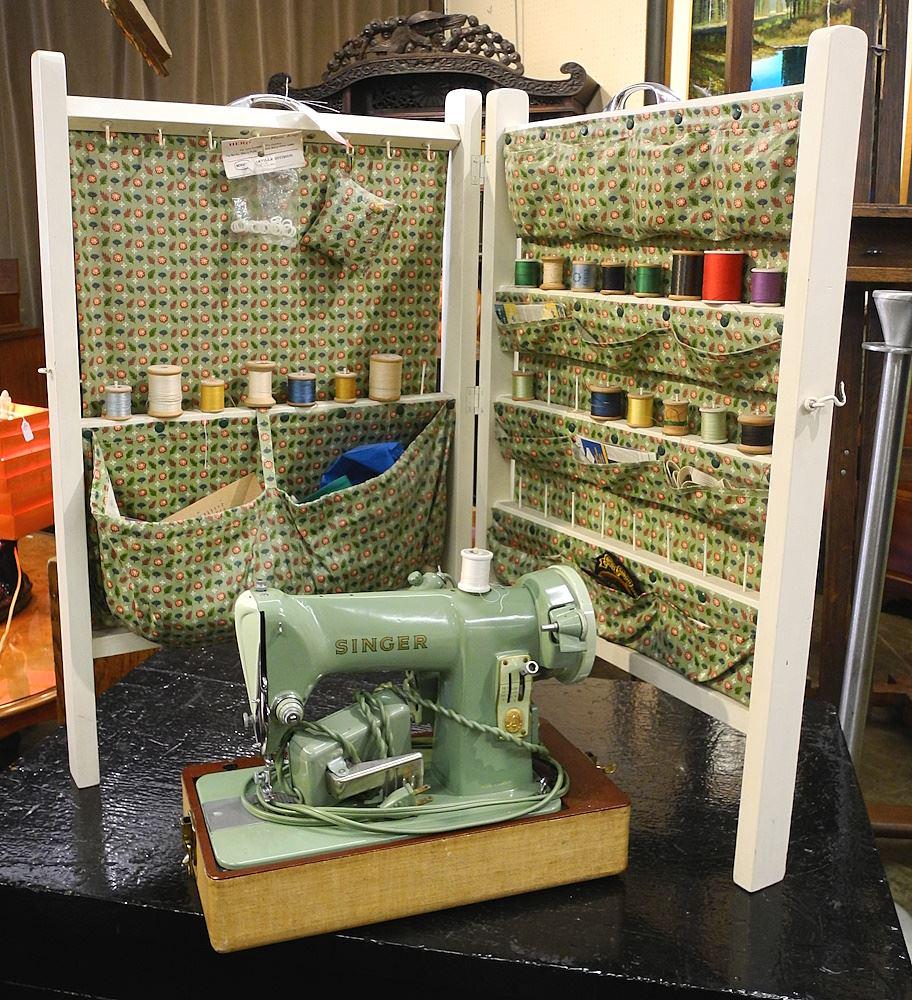 Aqua Tone Singer Sewing Machine with Bifold Sundries Organizer, 29"H.: Aqua Tone Singer Sewing Machine with Bifold Sundries Organizer, 29"H.