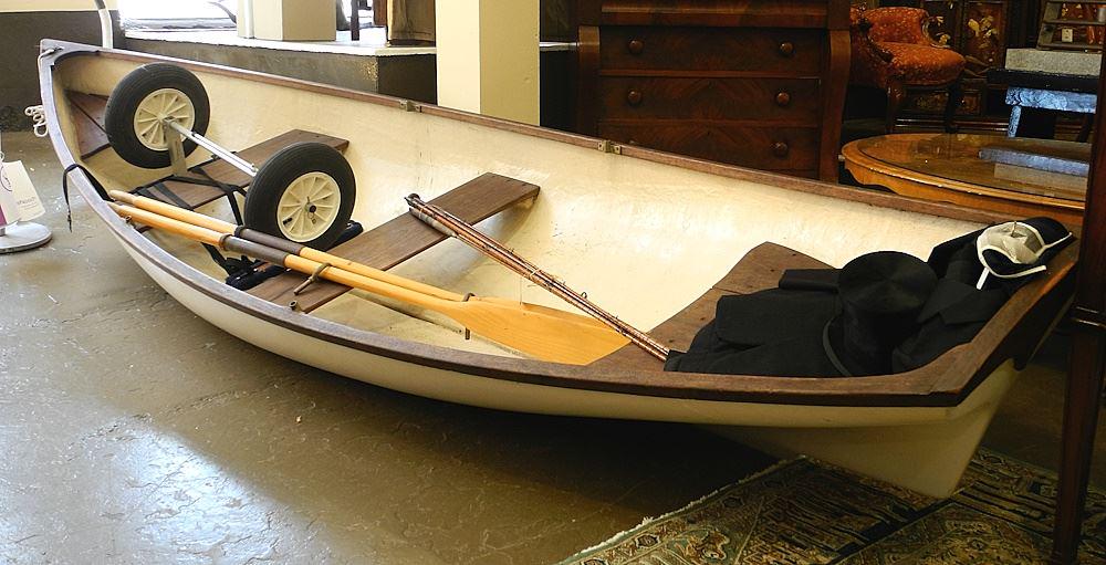 13 1/2' Fiberglass Rowboat with Teak Fittings, lot includes Oars and Wheel-a-Weigh. (1 of 5)