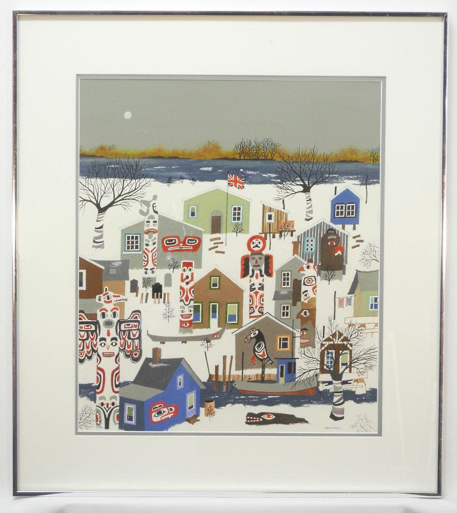 Watercolour signed (Gil) Caldwell, 22" x 18 1/2", untitled, Totem Village.: Watercolour signed (Gil) Caldwell, 22" x 18 1/2", untitled, Totem Village.