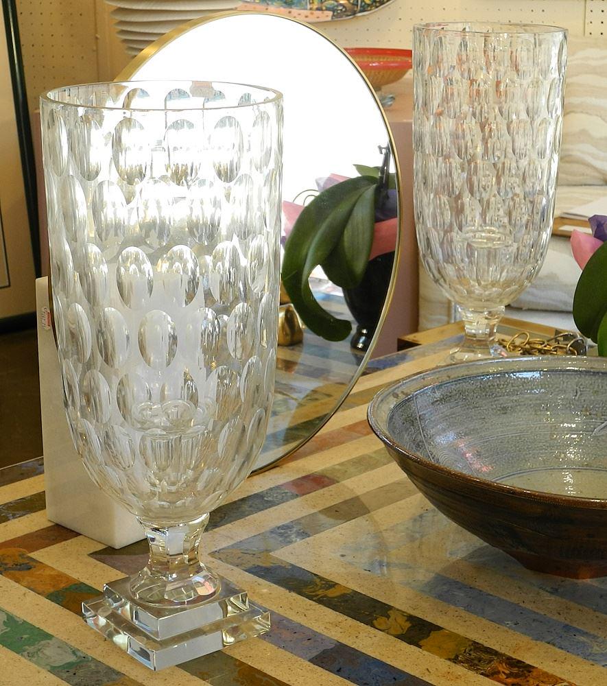 Pair of Contemporary Oval Facet Crystal Urns, 16 1/2"H, small Shell Foot Rim. (1 of 3)