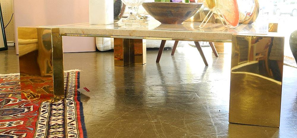 Brass Low Table with Mixed Media Concrete Surface, 14" x 48 1/2" x 48 1/2" (one corner restor (1 of 5)