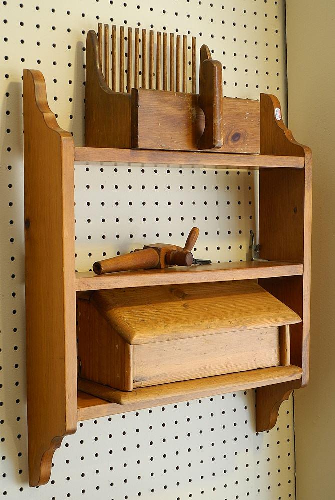 Collection of Pine Sundries: Wall Shelf,23"H / Cranberry Scoop / Salt Box / Spigot. (1 of 1)