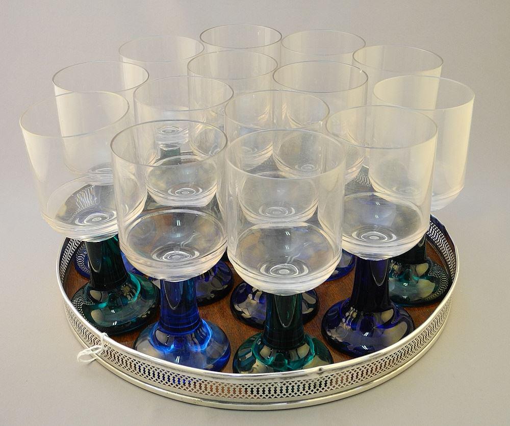 Sterling Silver Rim Cocktail Tray, 12" diam. with 14 Patio Wine Glasses: Sterling Silver Rim Cocktail Tray, 12" diam. with 14 Patio Wine Glasses