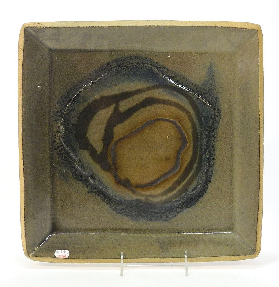 Square Stoneware Dish signed (Walter) Dexter, 1 1/2" x 13 3/4", x 13 3/4" (1 of 4)
