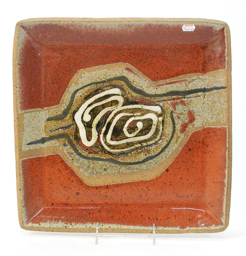 Square Stoneware Dish with Carved Surface signed (Walter) Dexter, 1 1/4" x 14" x 14". (1 of 4)