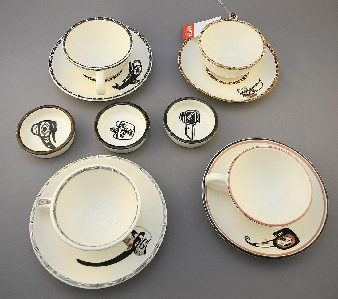 Collection of Lambert Potteries Northwest Coast Motif, Teacups, Saucers, Ashtrays.: Collection of Lambert Potteries Northwest Coast Motif, Teacups, Saucers, Ashtrays.