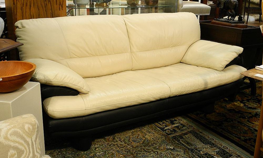 Black and Cream Leather Loveseat, 84"L. (1 of 3)