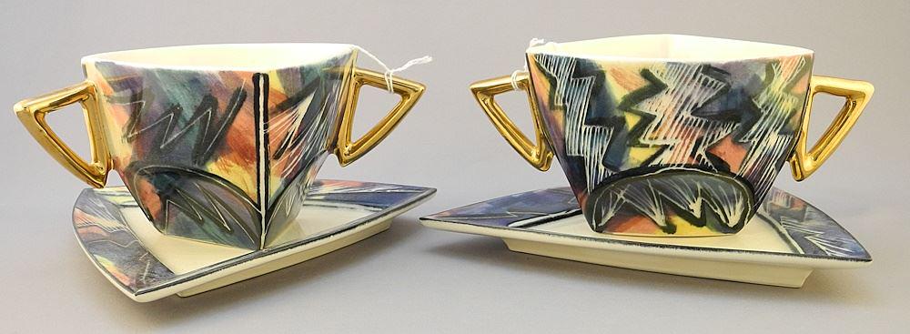 Pair of Pottery Cup and Saucers signed (Guy)Simoneau(Montreal), 3 7/8 x 7 7/8 x 7 1/2".: Pair of Pottery Cup and Saucers signed (Guy)Simoneau(Montreal), 3 7/8 x 7 7/8 x 7 1/2".