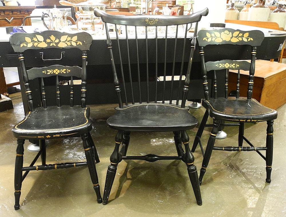 3 Ebonised Hitchcock Style Side Chairs.: 3 Ebonised Hitchcock Style Side Chairs.