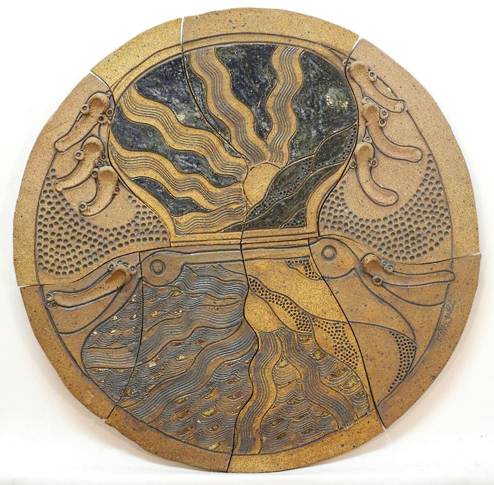 Stoneware Roundel signed (Bob) Kingsmill, 21 1/2" diam., untitled.: Stoneware Roundel signed (Bob) Kingsmill, 21 1/2" diam., untitled.