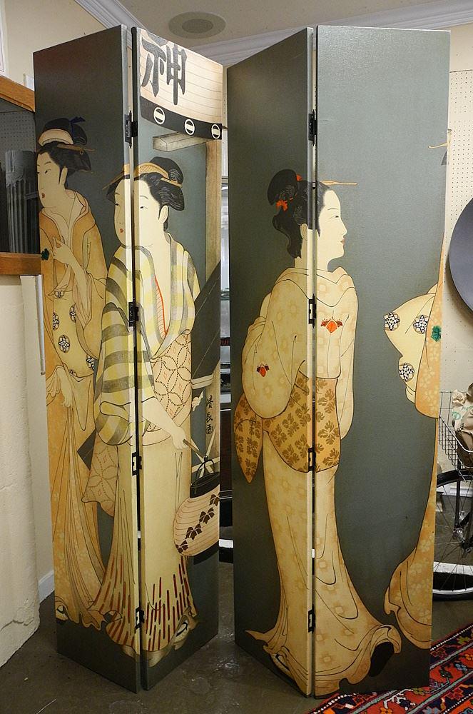 4 Panel Japanese style Oil on Canvas Screen, Each Panel 84 x 16 x 7/8". (1 of 1)