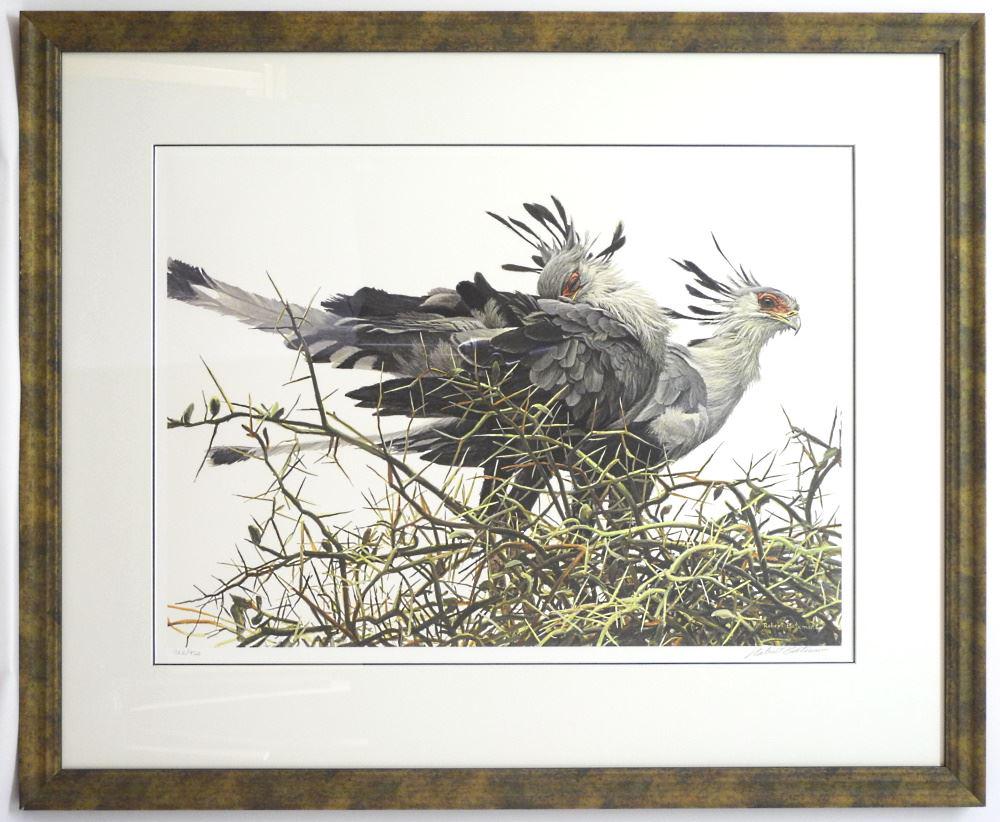 Ltd. Ed. Print Signed Robert Bateman, 21 1/4" x 28 3/4", "At The Nest - Secretary Birds". (1 of 4)
