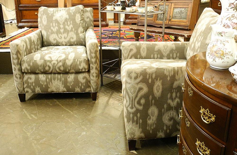 Pair of Lee Industries Florence Walnut Armchairs, 33 3/8"h.: Pair of Lee Industries Florence Walnut Armchairs, 33 3/8"h.