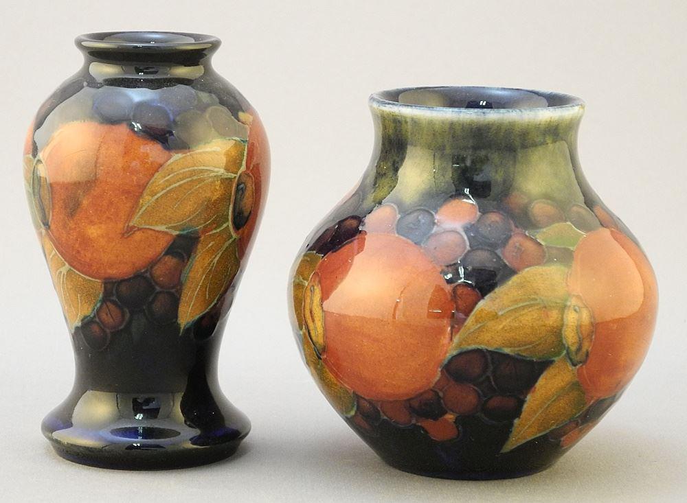 2 Moorcroft Pomegranate Vases: Baluster, 3 5/8"H and Oviform, 3 1/8". (1 of 2)