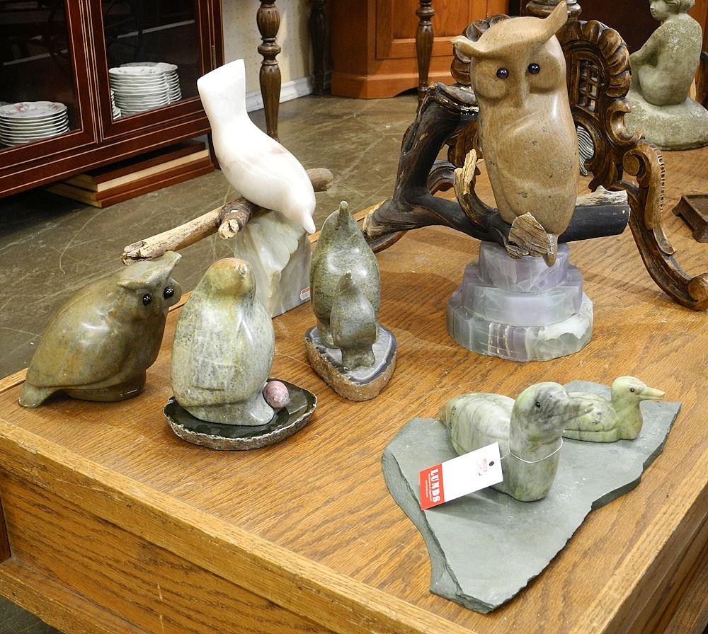 Collection of 6 Carved Stone Bird Figures signed (Vance) Theoret, 5 1/8" - 14"H. (1 of 1)