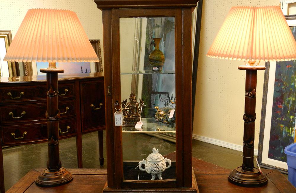 Pair of Chinese Carved Rosewood "Bamboo" table lamps, 30 3/4" with shades. (1 of 3)