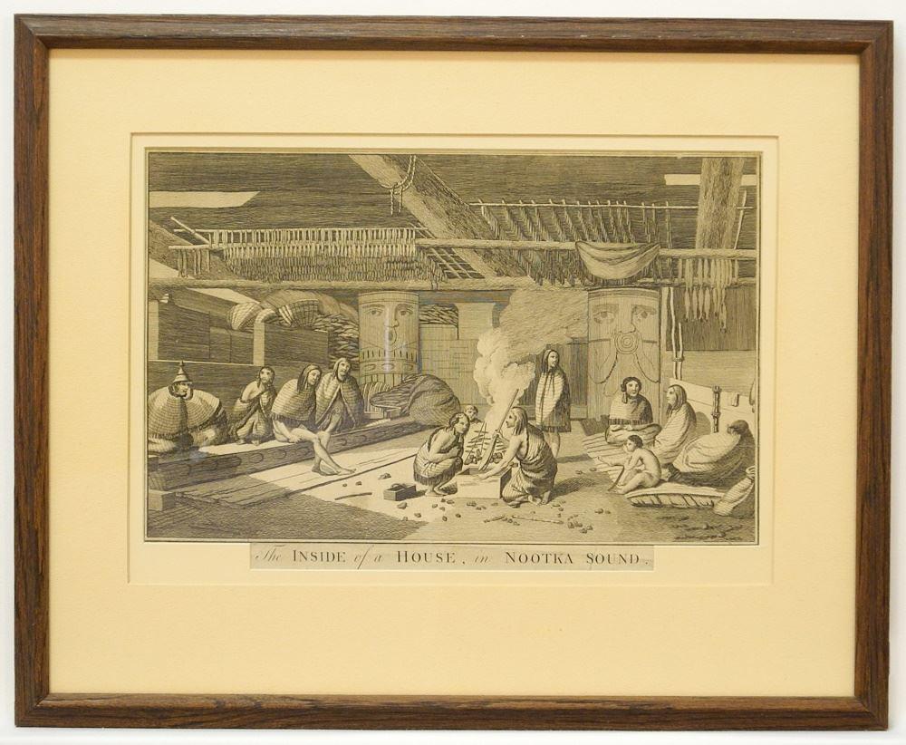 Engraving after John Webber, 8 1/4" x 13", "Inside of a House in Nootka Sound". (1 of 2)