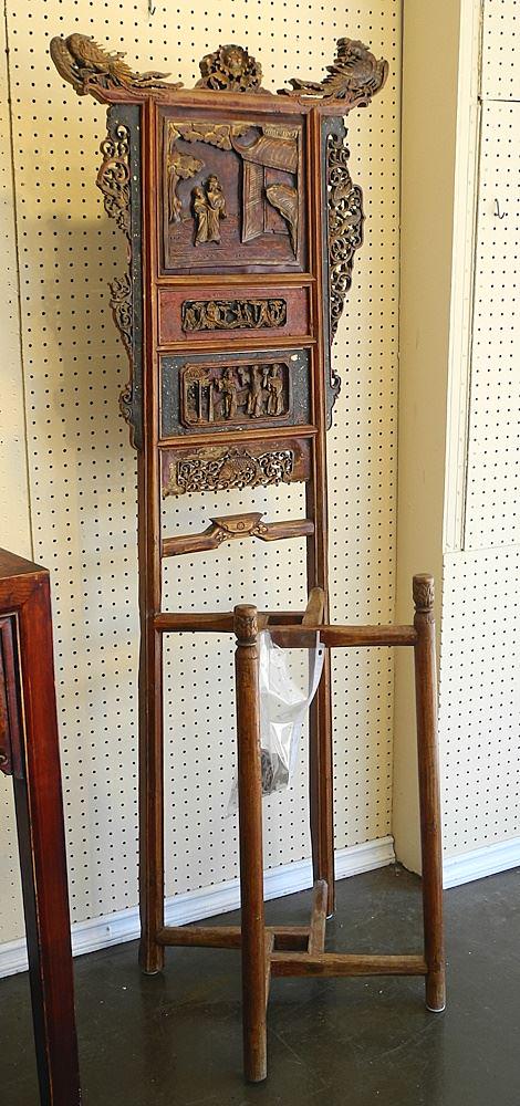 Chinese Gilt and Scarlet Lacquer Hall Stand (loose fretwork noted), 62 1/2"H.: Chinese Gilt and Scarlet Lacquer Hall Stand (loose fretwork noted), 62 1/2"H.
