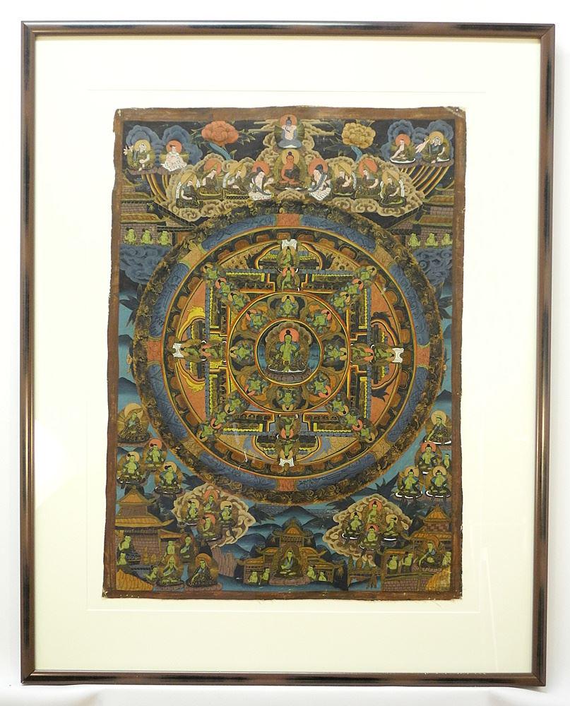 Tibetan Thangka, 26 1/2" x 19 1/2" , framed.: Tibetan Thangka, 26 1/2" x 19 1/2" , framed.