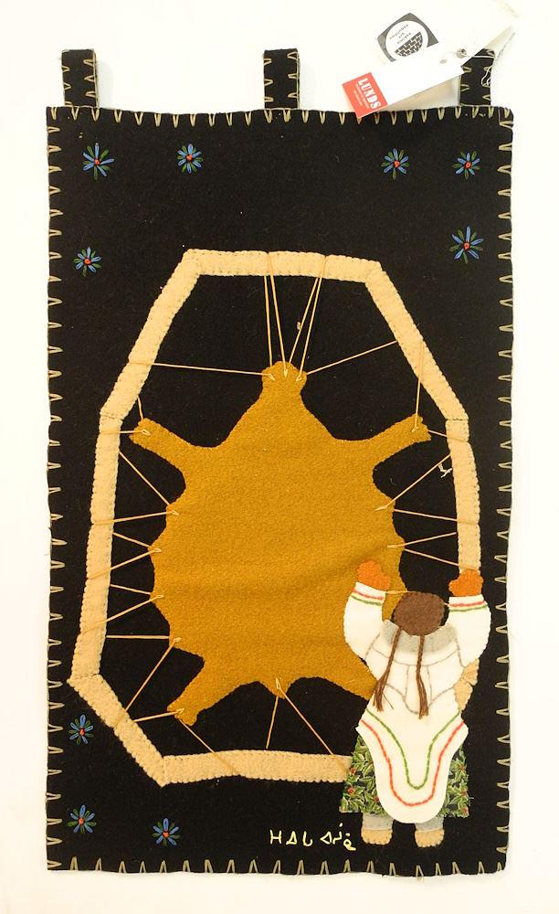 Cape Dorset Felt Tapestry Signed Haiga Ashoona in Syllabics, 20" x 12 ", "Stretching Hide". (1 of 3)