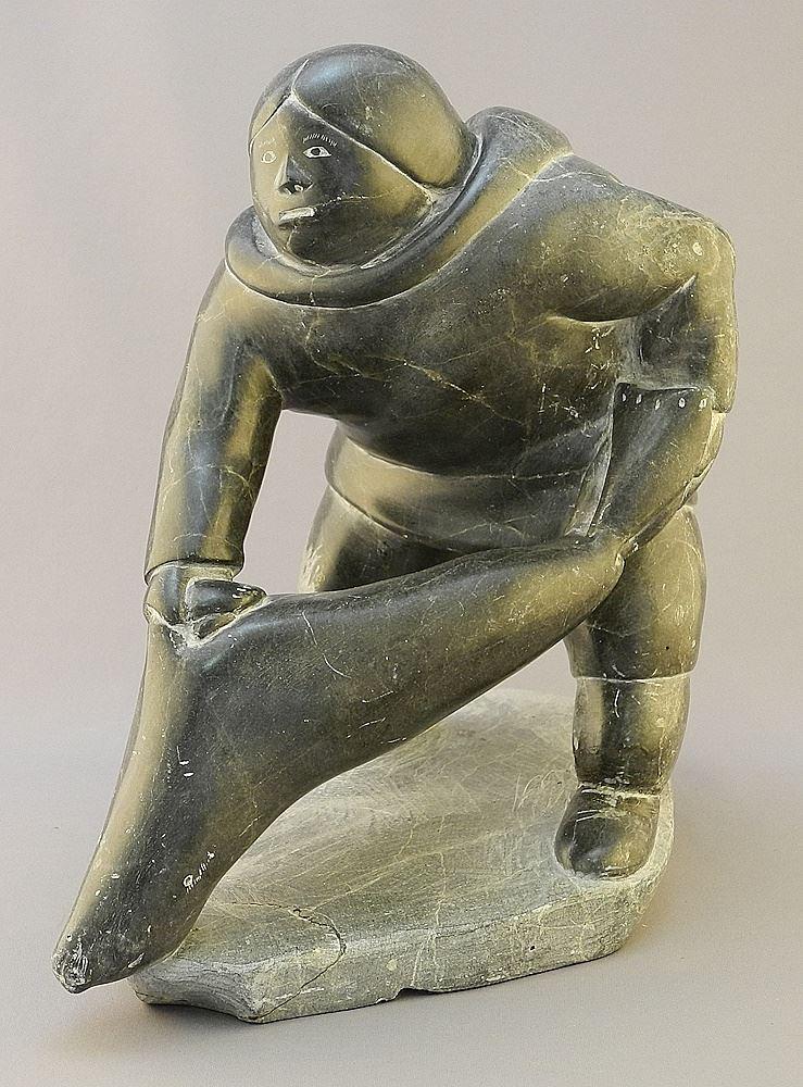 Inuit Stone Sculpture signed by N.Qumaluk,10 1/4 x 5 3/4 x 10 7/8". Restored Area Noted. (1 of 6)