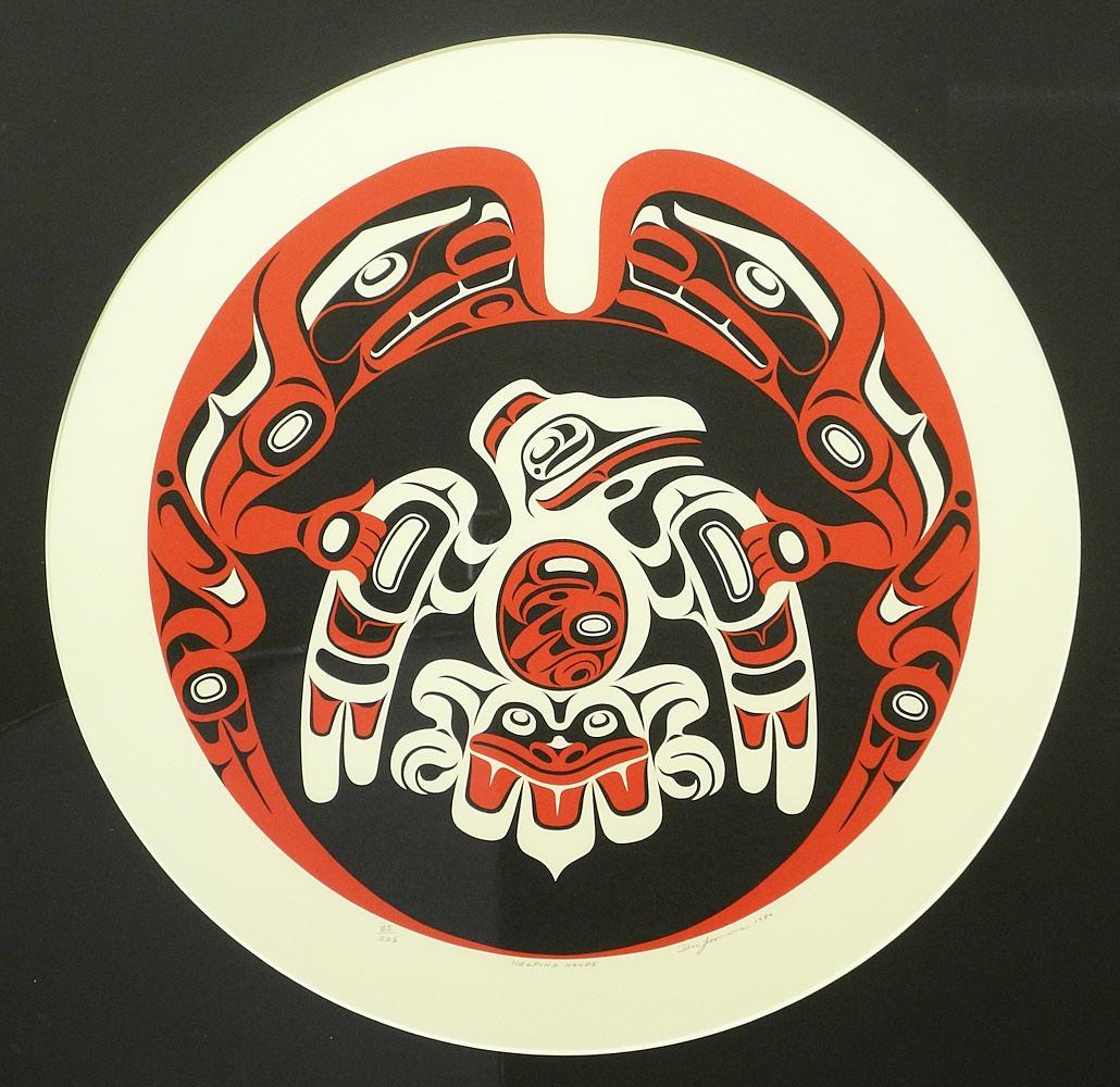 Haida Serigraph signed by Don Yeomans 1989, 18 3/4" diam. "Helping Hands", #85/225. (1 of 4)