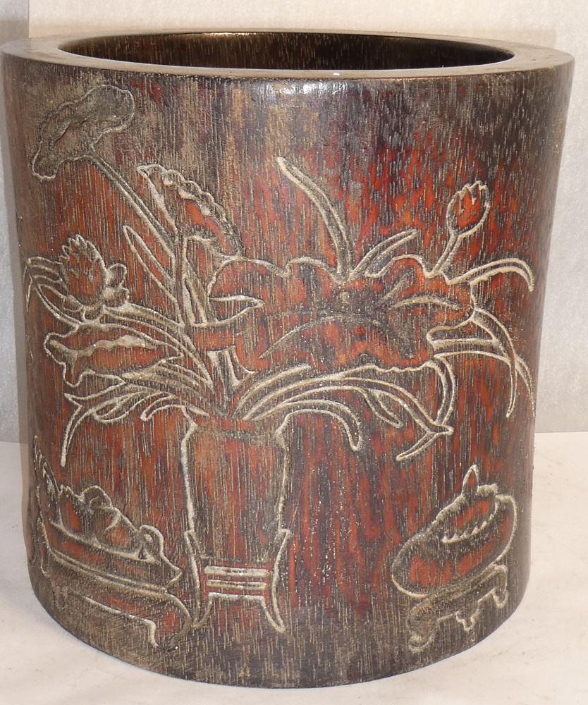 20th C. Chinese Sandal Wood Carved Brush Pot, 17 3/4".: 20th C. Chinese Sandal Wood Carved Brush Pot, 17 3/4".