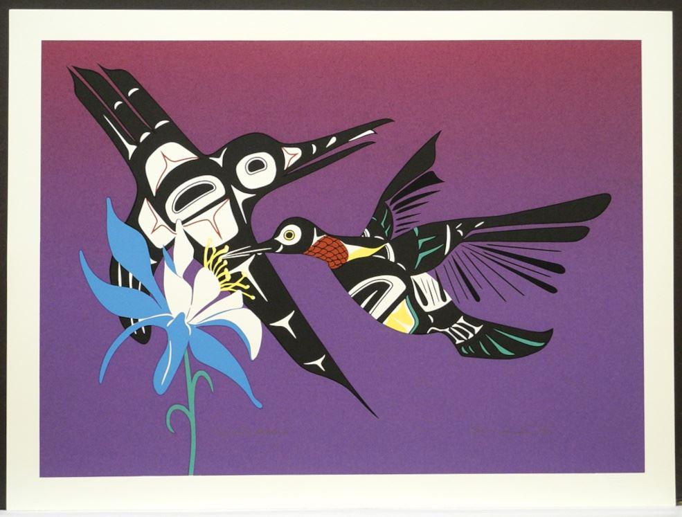 Gitxsan/Carrier Serigraph signed Robert E Sebastian,15 x 20 1/8" "Twin Ruby Throats", Unfra (1 of 2)