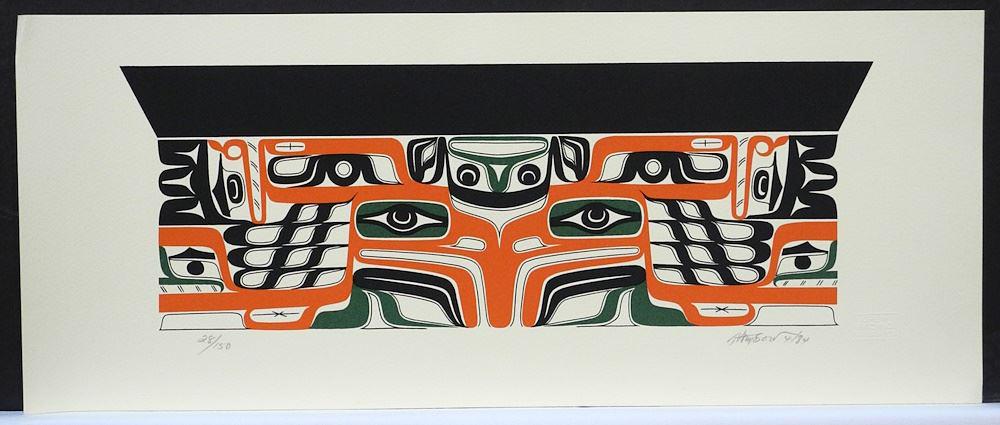 Nuu-Chah-Nulth Serigraph signed A. (Art) Thompson, 8 1/8 x 20", Box Design, Unframed.: Nuu-Chah-Nulth Serigraph signed A. (Art) Thompson, 8 1/8 x 20", Box Design, Unframed.