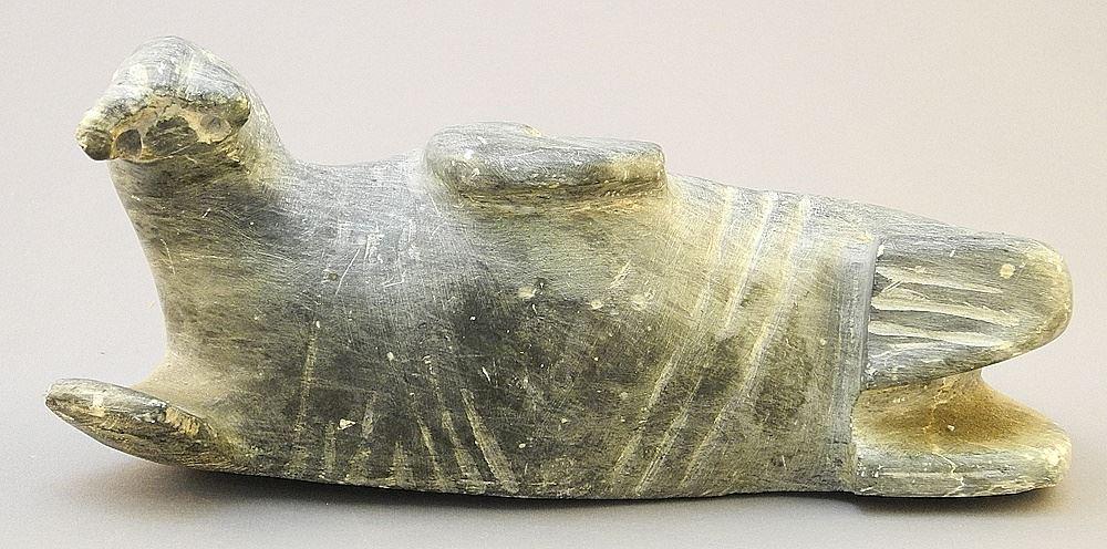 Inuit Stone Walrus signed with label Tony Atsalnik, 9 1/8"L (no tusks). (1 of 4)