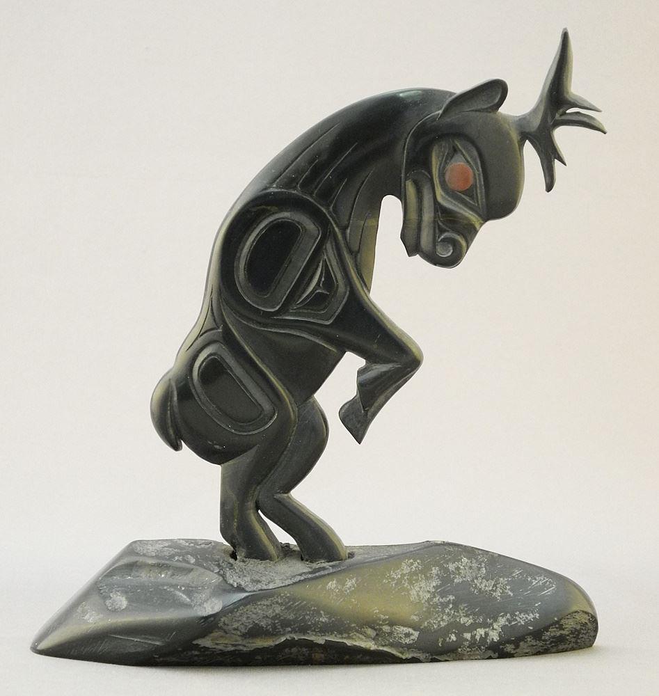 Argillite Sculpture monogrammed AG, 6 1/8 x 5 3/4 x 1 5/8", untitled Deer Figure.: Argillite Sculpture monogrammed AG, 6 1/8 x 5 3/4 x 1 5/8", untitled Deer Figure.