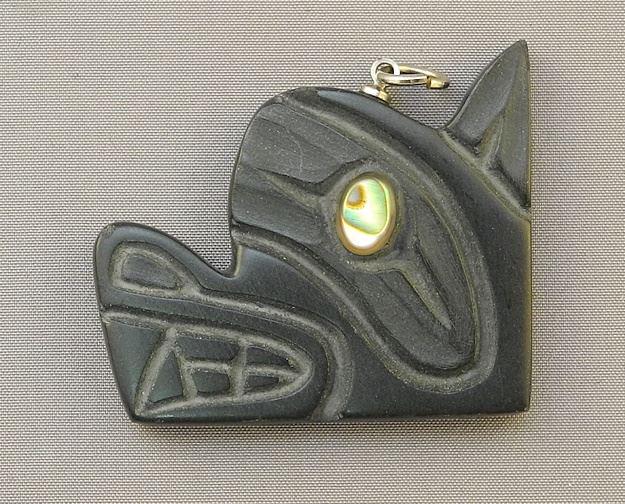Argillite Wolf Pendant Monogrammed FJ (Fred Johnson), 1 1/8"H. (1 of 2)