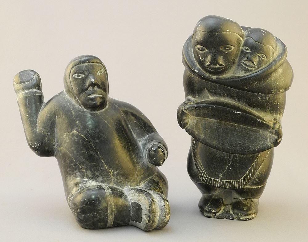 2 Inuit Stone Figures:1 sig.E9-811 (restored feet), 6 1/4"H, 1 Up and 1 Seated, 5"H. (1 of 5)