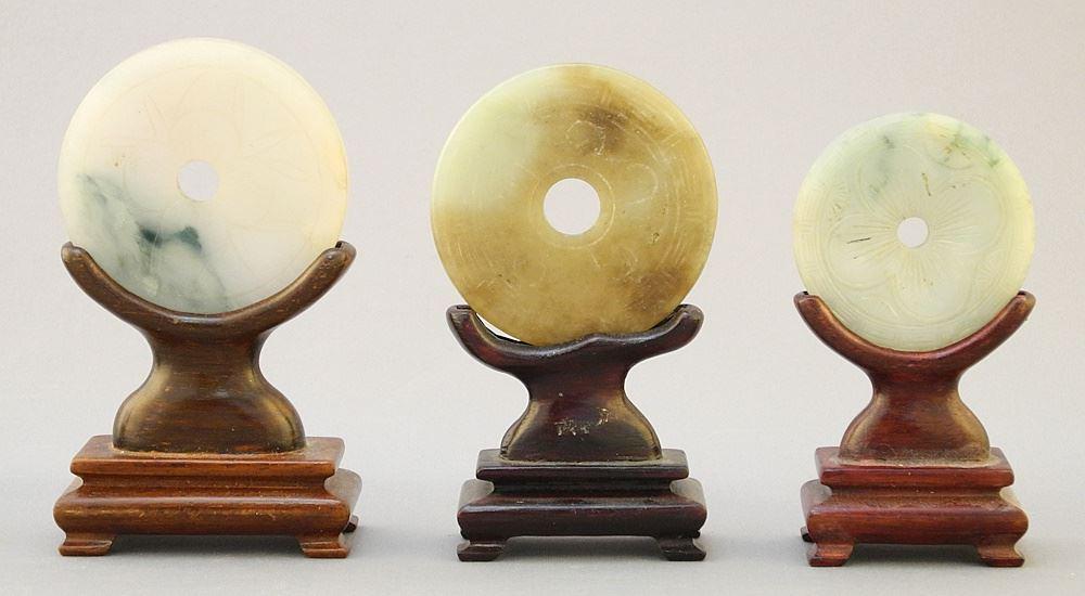 3 Chinese Jade Bi Discs (1 7/8" - 2 1/4" dia.) with stands. (1 of 3)